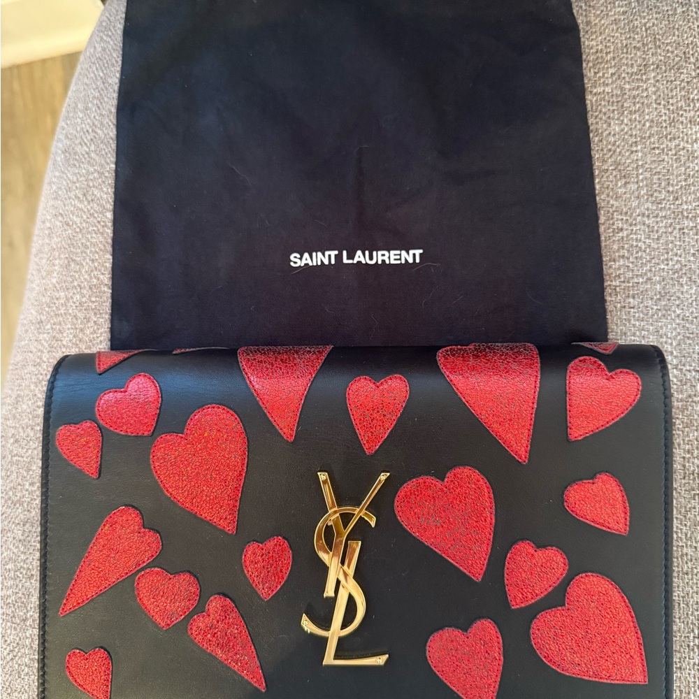 Saint Laurent Black Clutch with Red Hearts